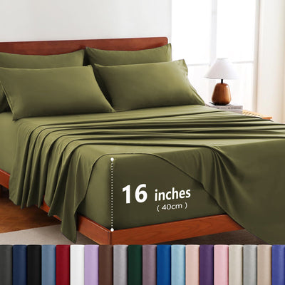 Hotel Soft Bed Sheet Set- Bedding Sheets & Pillowcases -Breathable Bedding - Wrinkle, Fade, Stain Resistant-Deep Pocket Flat Fitted Bed Sheet Set(Olive green,Super King)