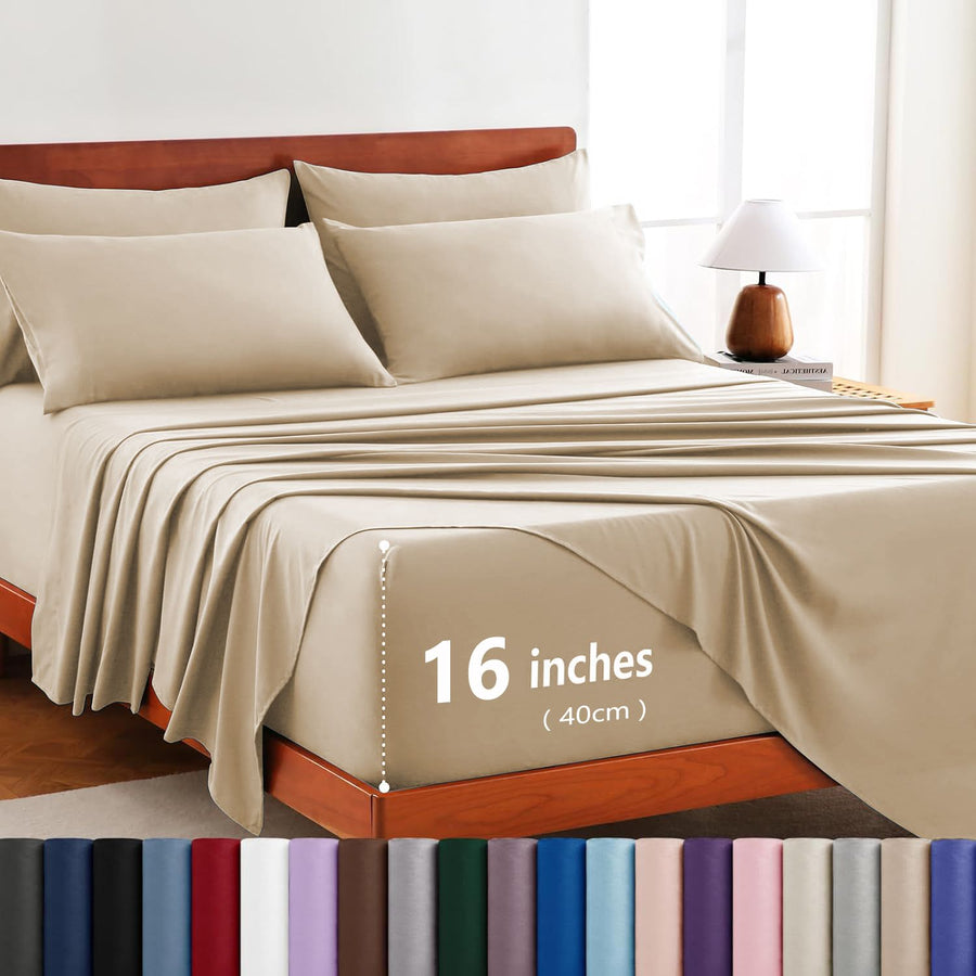 Hotel Soft Bed Sheet Set- Bedding Sheets & Pillowcases -Breathable Bedding - Wrinkle, Fade, Stain Resistant-Deep Pocket Flat Fitted Bed Sheet Set(Camel Beige,Super King)