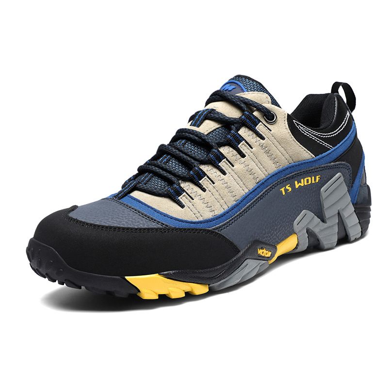 Lefectic Hiking Shoes Genuine Leather Waterproof. Dark blue yellow 43
