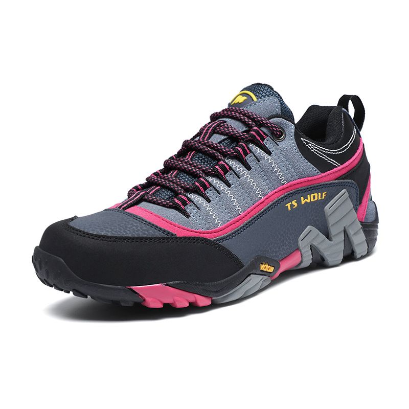 Lefectic Hiking Shoes Genuine Leather Waterproof. Dark Blue Rose Red 38