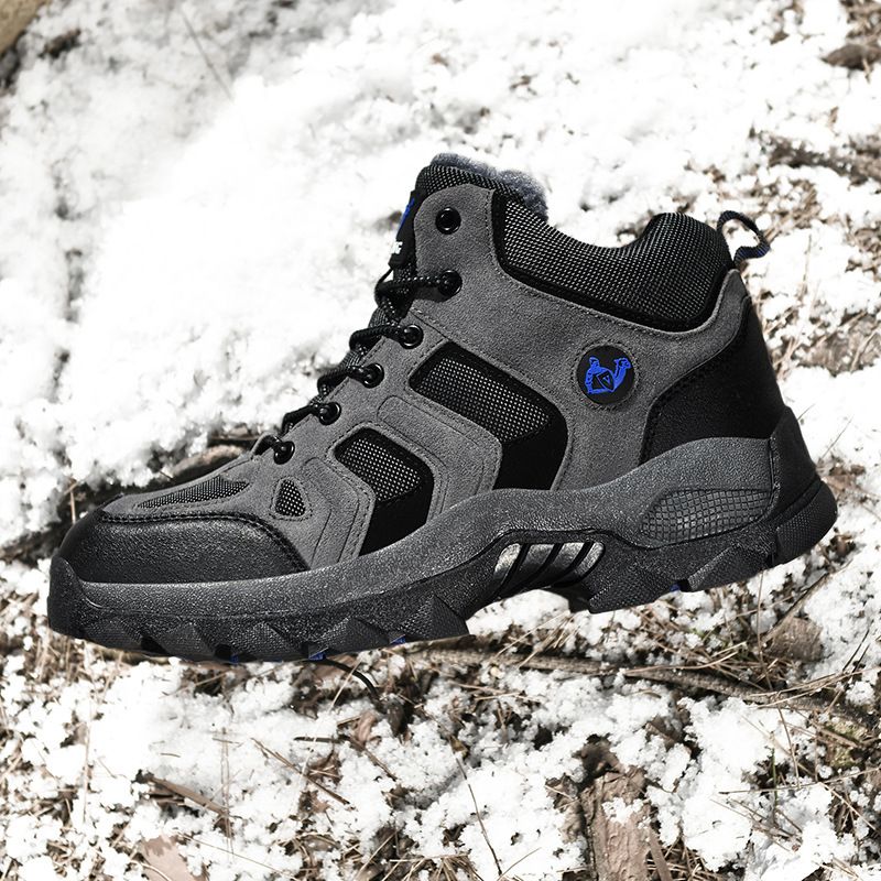 QIFENG Mens High Top Hiking Shoes Anti Slip Rubber Sole Gray Cotton 40