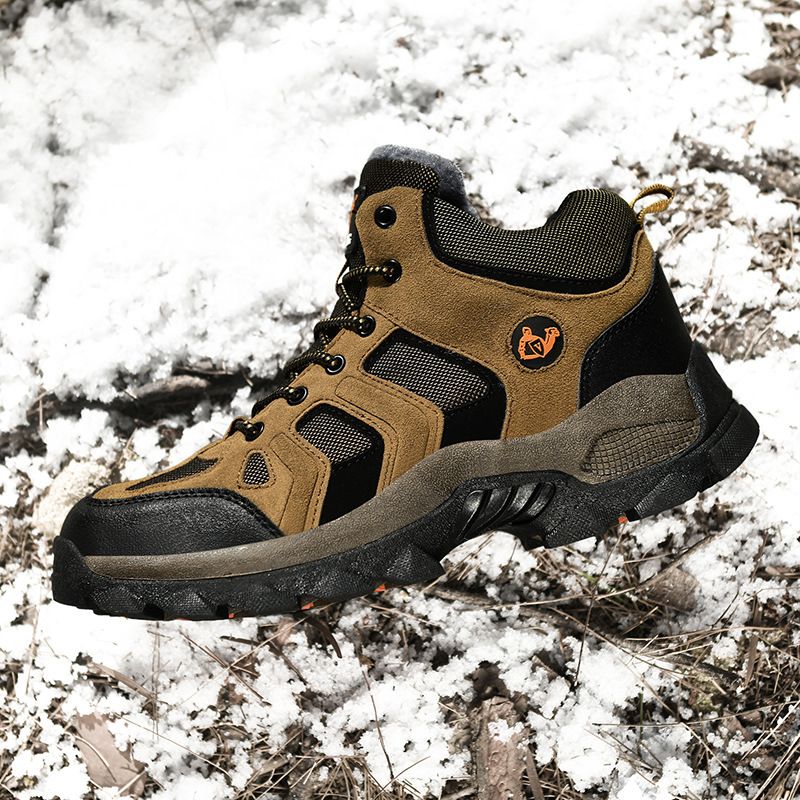 QIFENG Mens High Top Hiking Shoes Anti Slip Rubber Sole Brown Cotton 46
