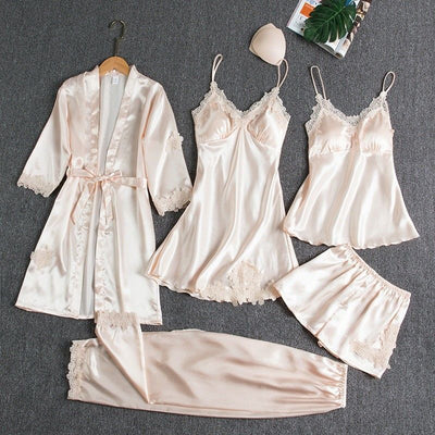 Women Five Piece Sleepwear Set Polyester V Neck Champagne L