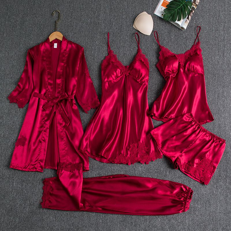 Women Five Piece Sleepwear Set Polyester V Neck Burgundy XXXL