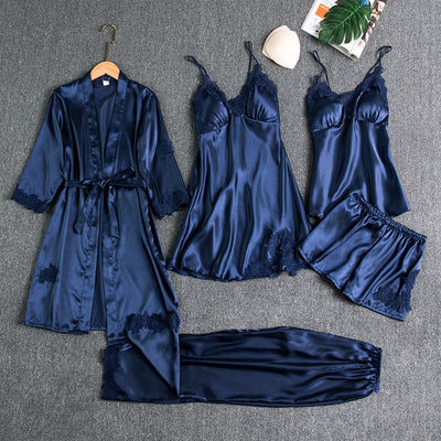 Women Five Piece Sleepwear Set Polyester V Neck Navy