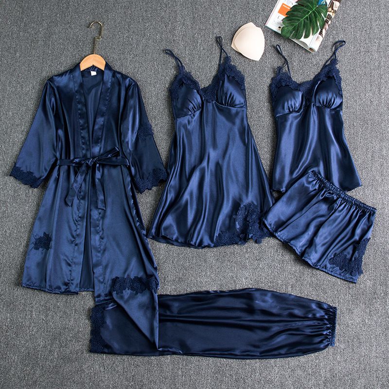Women Five Piece Sleepwear Set Polyester V Neck Navy XXL