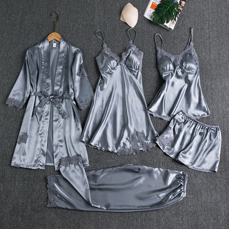 Women Five Piece Sleepwear Set Polyester V Neck Grey