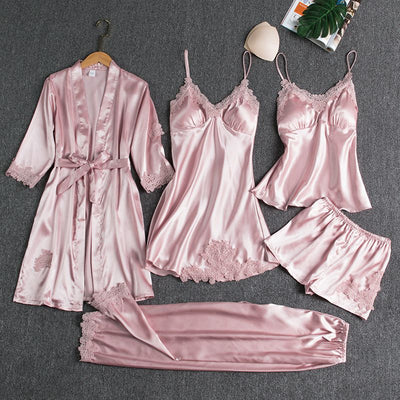 Women Five Piece Sleepwear Set Polyester V Neck Pink XXXL