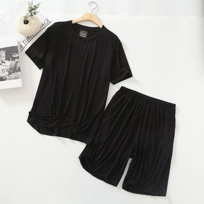 MYAHS Men Modal Sleepwear Set Short Sleeve Shorts Black L (45.00 kg-67.50 kg