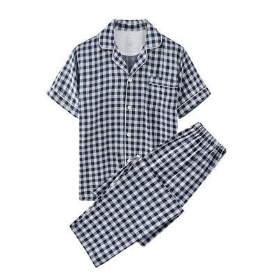 Cotton Short Sleeve Japanese Leisure Sleep Shorts Set Men's Navy Blue Pants-Short Sleeve Pants