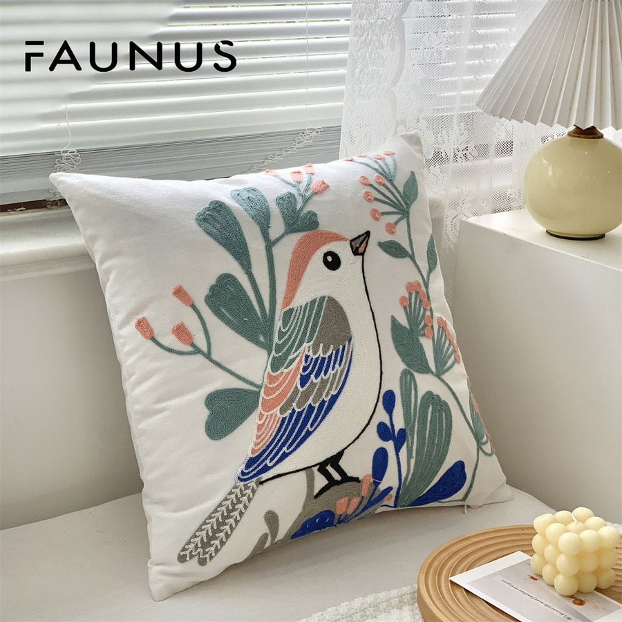 Faunus Cushion 45x45cm Cotton Linen Embroidery warbler bird 45*45 (excluding core)