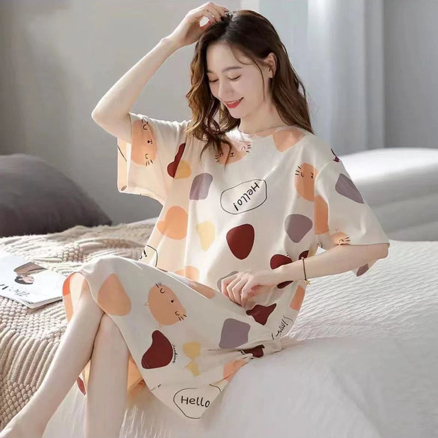 Women Summer Sleepwear Polyester Loose Dress Yellow