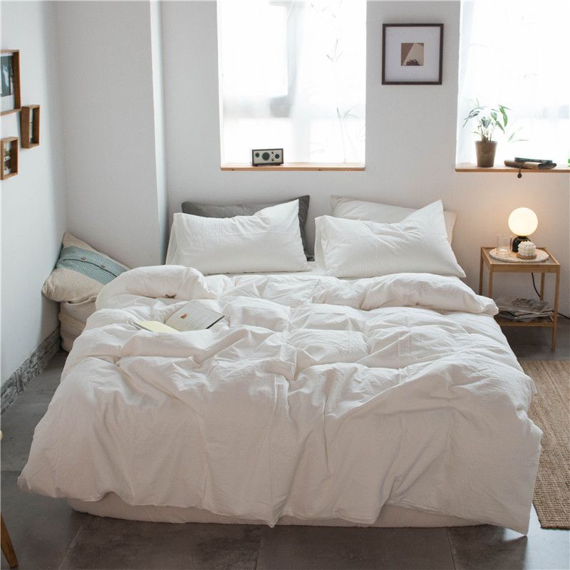 Cotton 4 Piece Set Modern Minimalist White Bed sheet kit_1.2m bed-quilt cover 150x 200 (3-piece set)