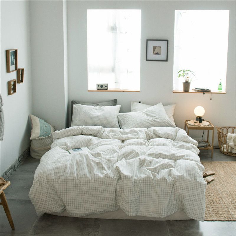 Cotton 4 Piece Set Modern Minimalist White Bed sheet kit_2.0m bed-enlarged quilt cover 220x 240cm four-piece set
