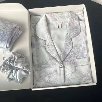 Women Long Sleeve Sleepwear Set Polyester Home Double-length gray# twill sand painting