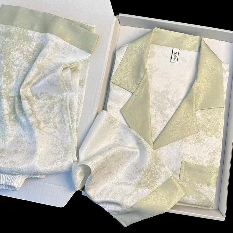 Women Long Sleeve Sleepwear Set Polyester Home Double-length green# twill sand painting
