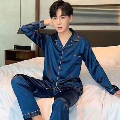 Plus Size Polyester Long Sleeve Sleepwear Trousers... 1290 dark blue Men's XXL