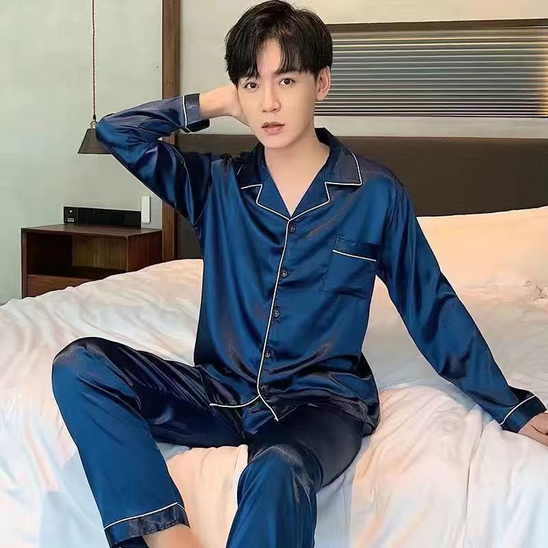 Plus Size Polyester Long Sleeve Sleepwear Trousers... 1290 dark blue Men's 4XL