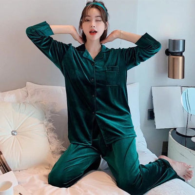 Women Winter Velvet Sleepwear Set Long Sleeve 096# Green Female L