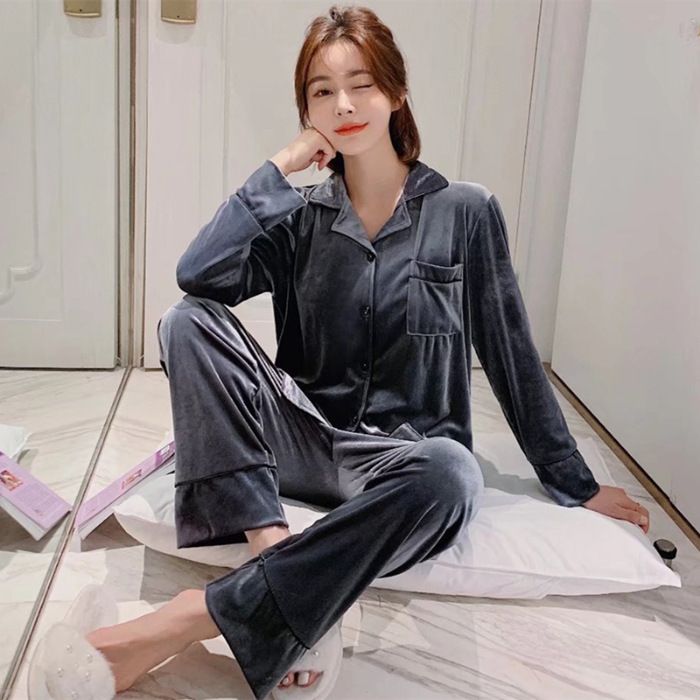 Women Winter Velvet Sleepwear Set Long Sleeve 096# Gray Women's XXL