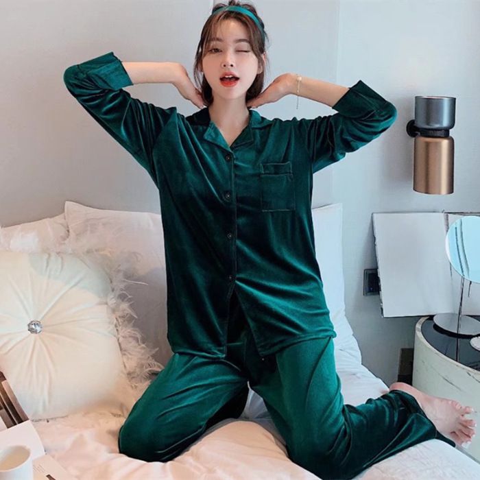 Women Winter Velvet Sleepwear Set Long Sleeve 096# Green Women's 4XL