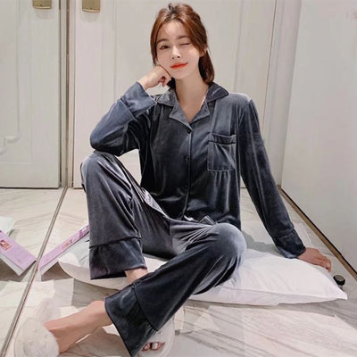 Women Winter Velvet Sleepwear Set Long Sleeve 096# Gray Women's 4XL