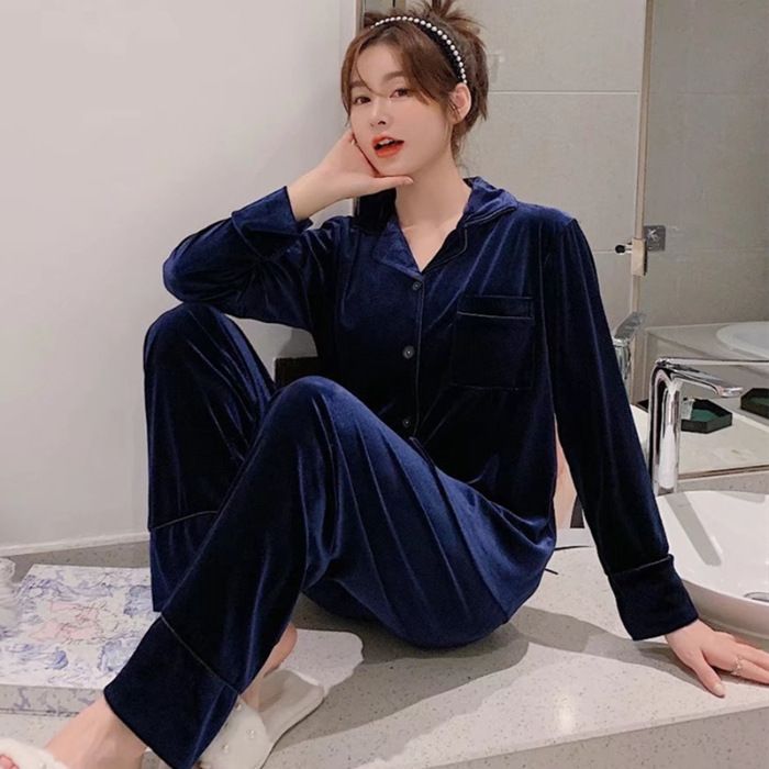 Women Winter Velvet Sleepwear Set Long Sleeve 096# Blue Women's 4XL