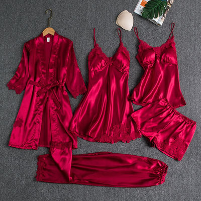 Women Five Piece Sleepwear Set Polyester V Neck Burgundy 4XL