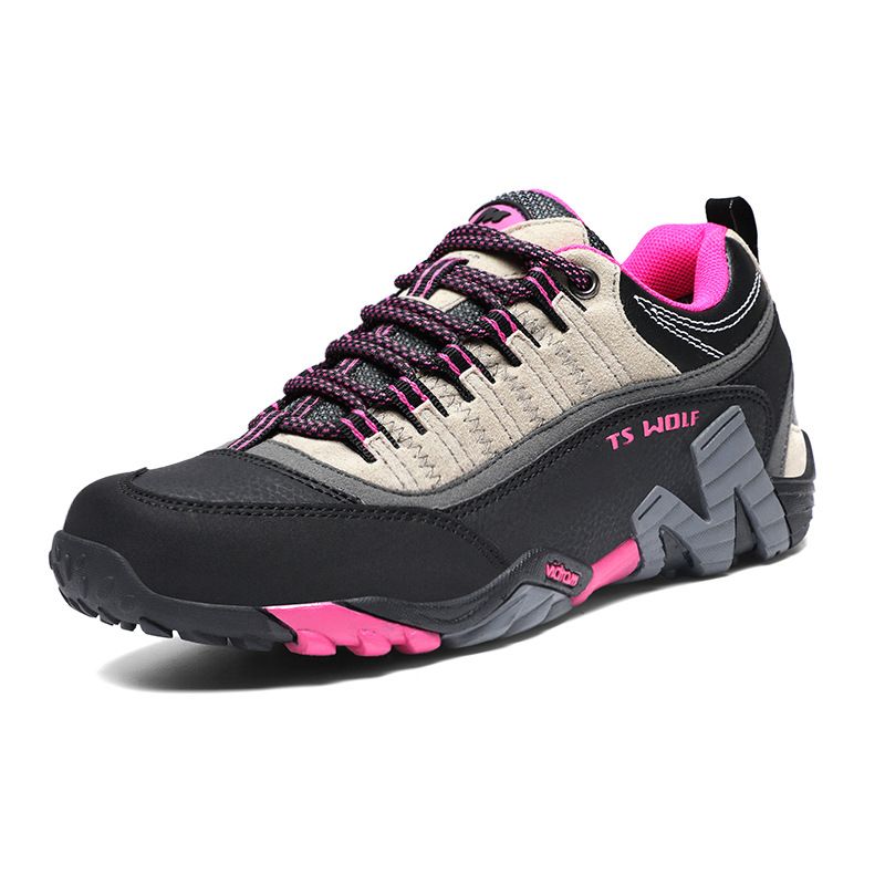 Lefectic Hiking Shoes Genuine Leather Waterproof. Black rose red 40