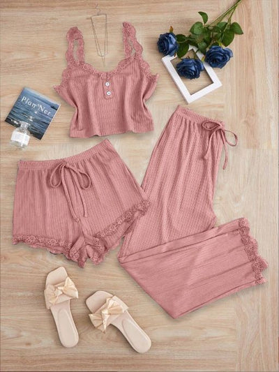 Subtle Lace Women Pajamas Set Sleepwear Pink M