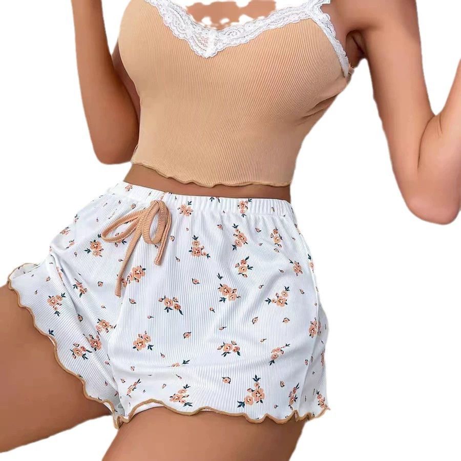 Women Sleepwear Set V Neck Sleeveless Shorts Suit Khaki XXL