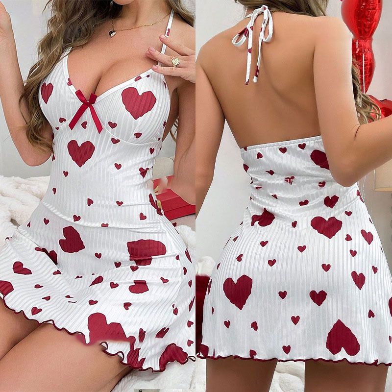 Women Sleeveless Milk Silk Sleepwear Set Heart Print Black heart on white background XL