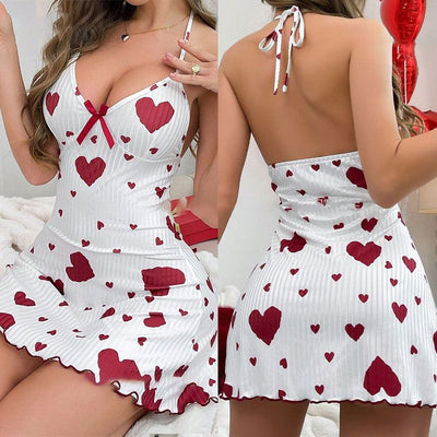 Women Sleeveless Milk Silk Sleepwear Set Heart Print Blue heart on white background