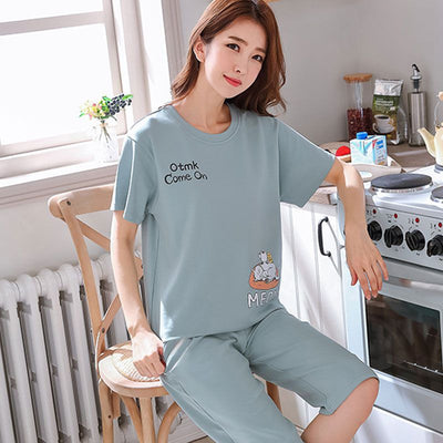 Women Cartoon Pajama Set Summer Thin Polyester S short-sleeved shorts green sleeping cat XL