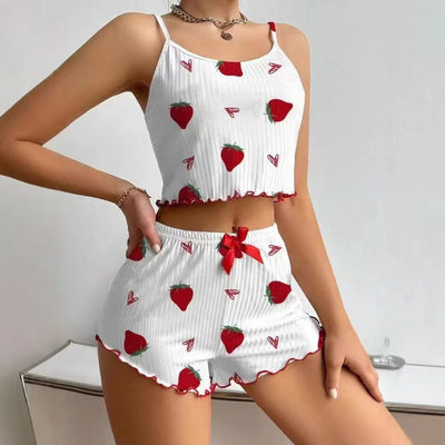 Women Sleepwear Set Summer Spandex Print White XL