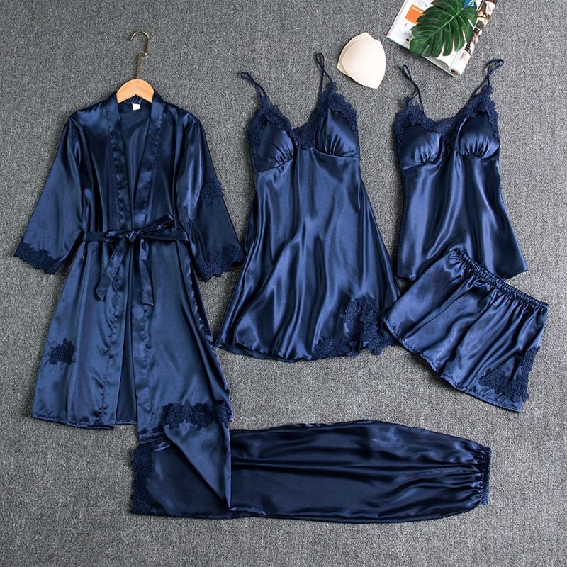 Women Sleepwear Set Long Sleeve Ice Silk Navy Blue