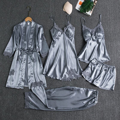 Women Sleepwear Set Long Sleeve Ice Silk Gray M