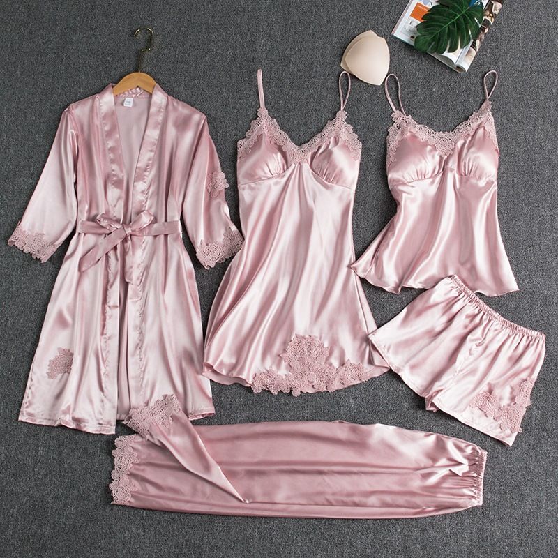 Women Sleepwear Set Long Sleeve Ice Silk XL