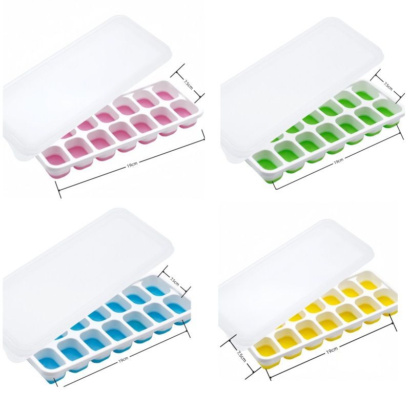 14 Cube Silicone Ice Tray with Lid Green, Blue, Pink, and Yellow Set