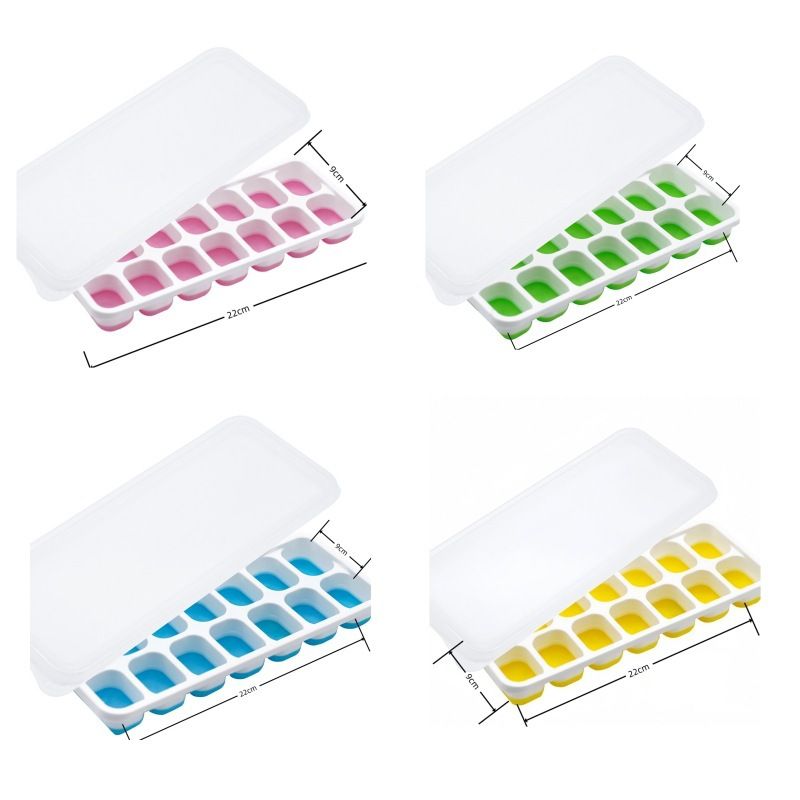14 Cube Silicone Ice Tray with Lid Green, Blue, Pink and Yellow Set