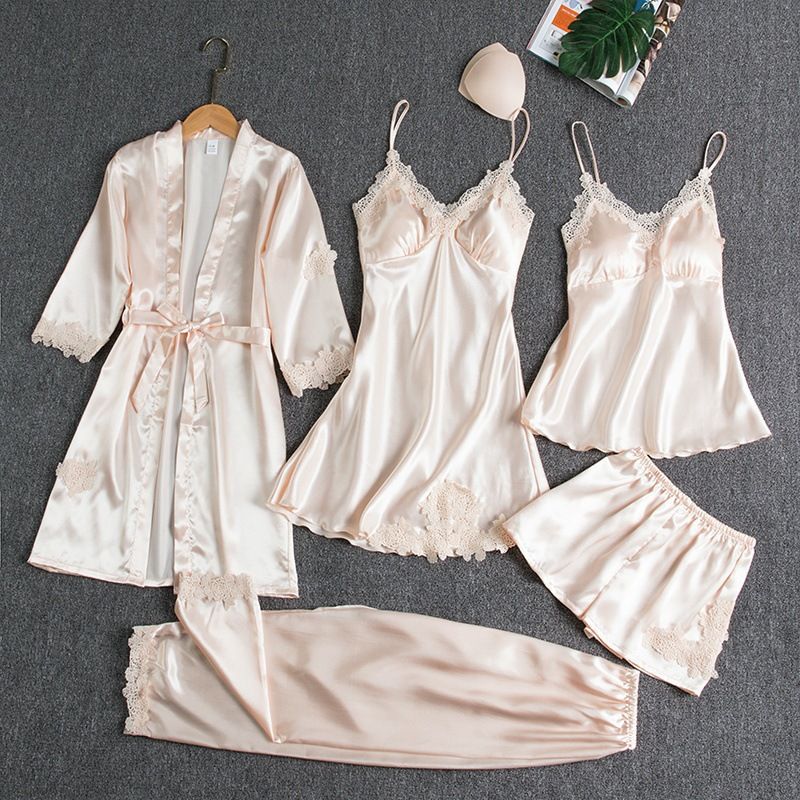 Butterfly Women Sleepwear Set Polyester Long Sleeve Champagne XXXL