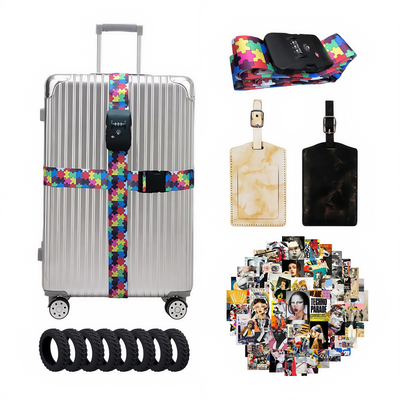 Luggage Accessories Set – 4 Pack Travel Kit with Luggage Tags, Luggage Strap with Lock, Suitcase Wheel Covers & Stickers – Travel Essentials for Suitcases & Bags