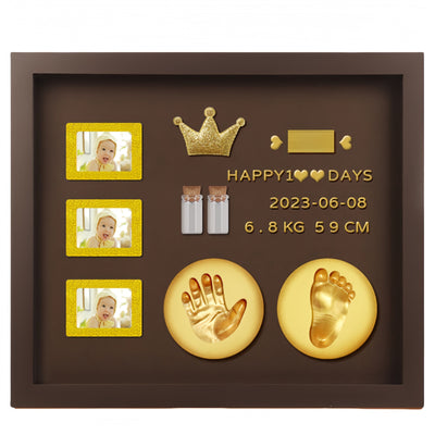 Baby Hand and Footprint Kit with 3 Photo Slots, Golden Ink Pad & Number/Letter Stickers, Non-Toxic Newborn Gift Set for Baby Shower, Nursery Decor, Keepsake Memory Frame
