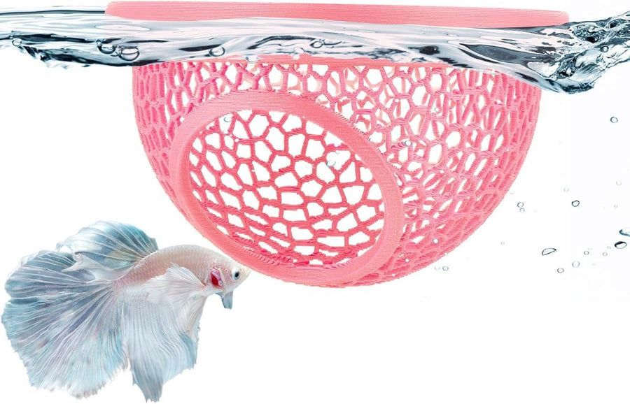 Floating Betta Hide & Shrimp Cave – 3D Printed Aquarium Hammock, Feeder & Rest Spot – Floating Betta Log & Cave Decor for Nano Tanks, Corydoras, Shrimp & Small Fish – Safe PLA, Patent Pending - Pink - Size S