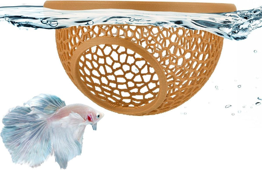 Floating Betta Hide & Shrimp Cave – 3D Printed Aquarium Hammock, Feeder & Rest Spot – Floating Betta Log & Cave Decor for Nano Tanks, Corydoras, Shrimp & Small Fish – Safe PLA, Patent Pending - Yellow - Size S