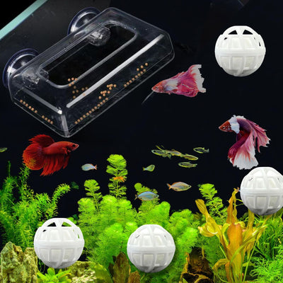 Fish Feeding Box Ring for Turtle with Filter Ball Set, Fish Feeder Ring and Nitrifying Ball, Betta Feeding Floating, Turtle Enrichment Toys, Floating Betta Food Holder (Clear，2Pcs） - Clear - Size M