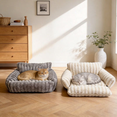 Cozy Foldable Pet Sofa Bed with Plush Sherpa Fleece – A Portable, Warm Retreat for Cats and Small Dogs Perfect for Nap Time, Travel, and Living Room Lounging (Beige)