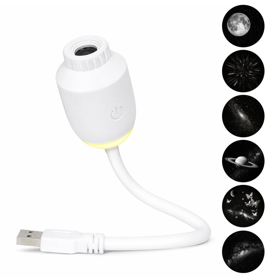USB-Powered Starry Night Projector Lamp with 6 Interchangeable Slides, Create a Romantic Galaxy Atmosphere for Bedroom, Car, or Party Decor, Touch Control with 3 Brightness Levels (White)