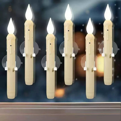 Set of 6 LED Flickering Window Candles with Light Sensor, Battery Operated Dusk to Dawn Auto-On/Off, Realistic 3D Flame, Suction Cup Mount for Christmas Holiday Home Decor (White)