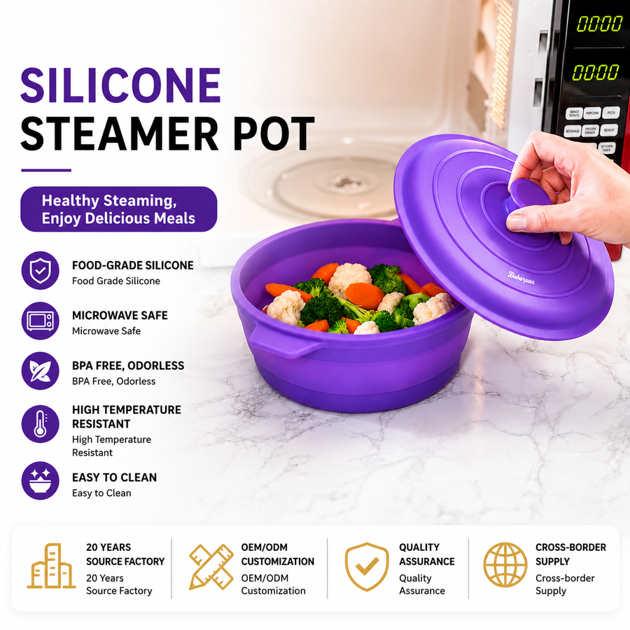 Effortlessly Steam, Heat, and Store Your Meals with This Collapsible Silicone Steamer – A Microwave-Safe, Freezer-Ready, Dishwasher-Friendly Kitchen Essential for Home Cooking and Outdoor Adventures (Purple（1900ML）)